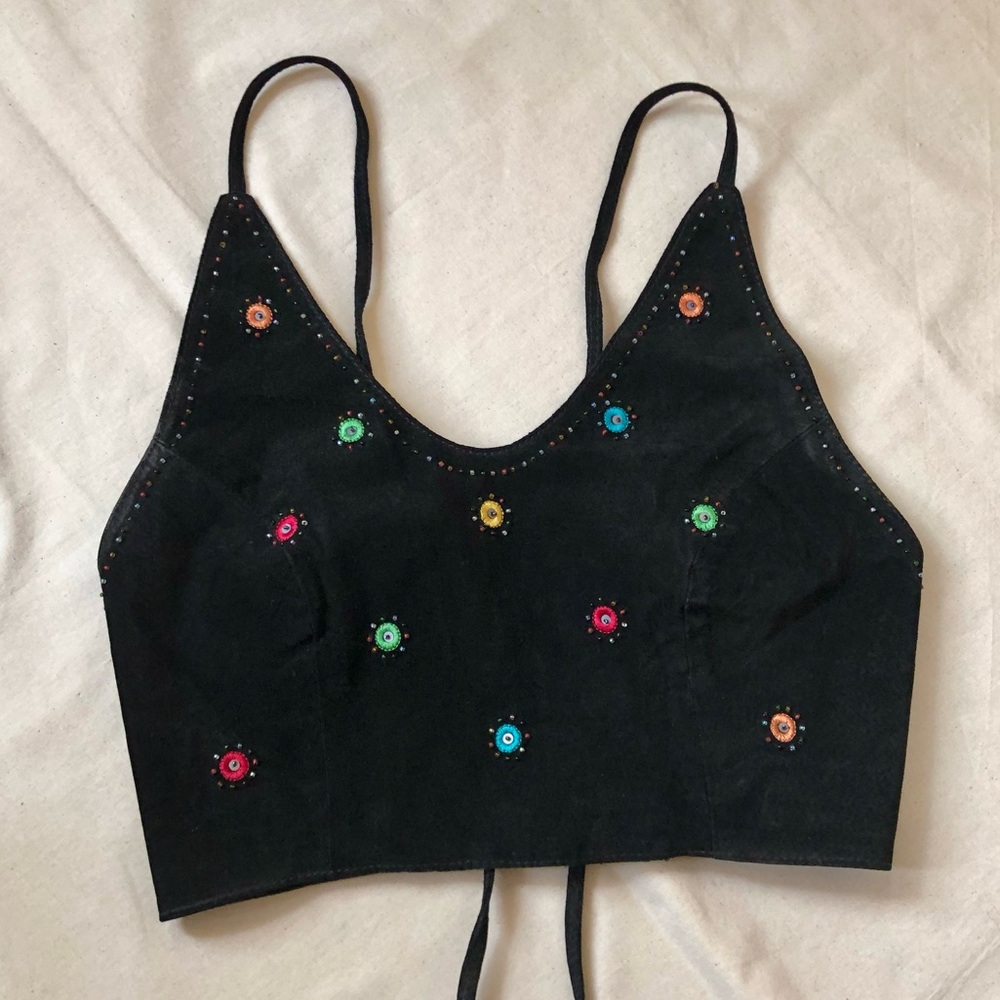 vintage suede beaded vest top, black suede halter top tank top size Large
